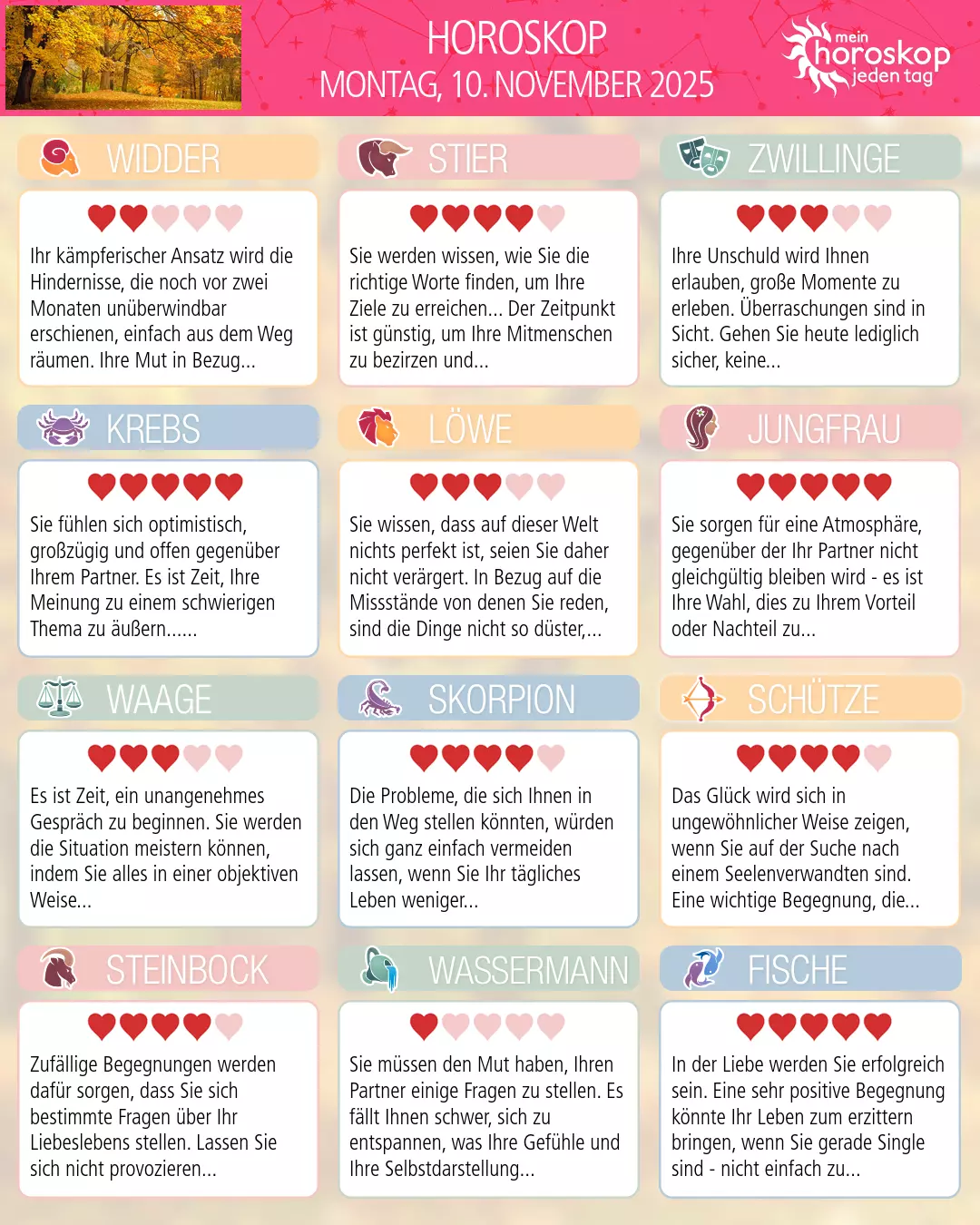 Horoskop vom montag, 10. november 2025