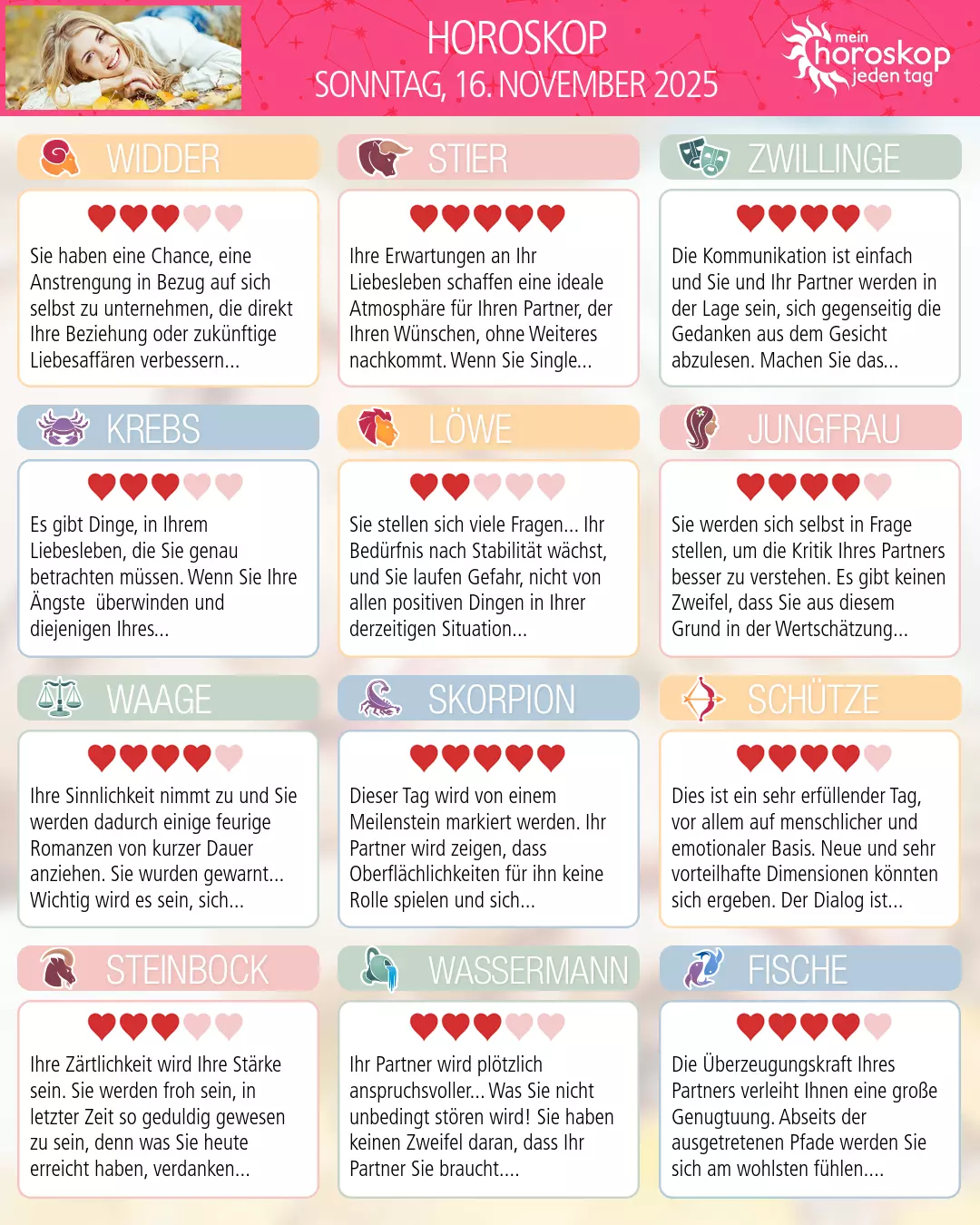 Horoskop vom sonntag, 16. november 2025