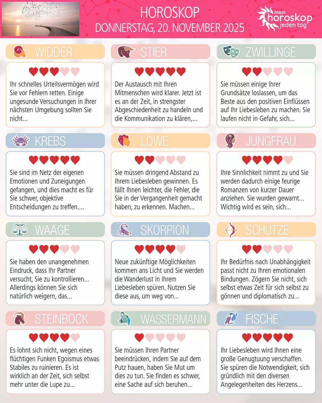 Horoskop vom donnerstag, 20. november 2025