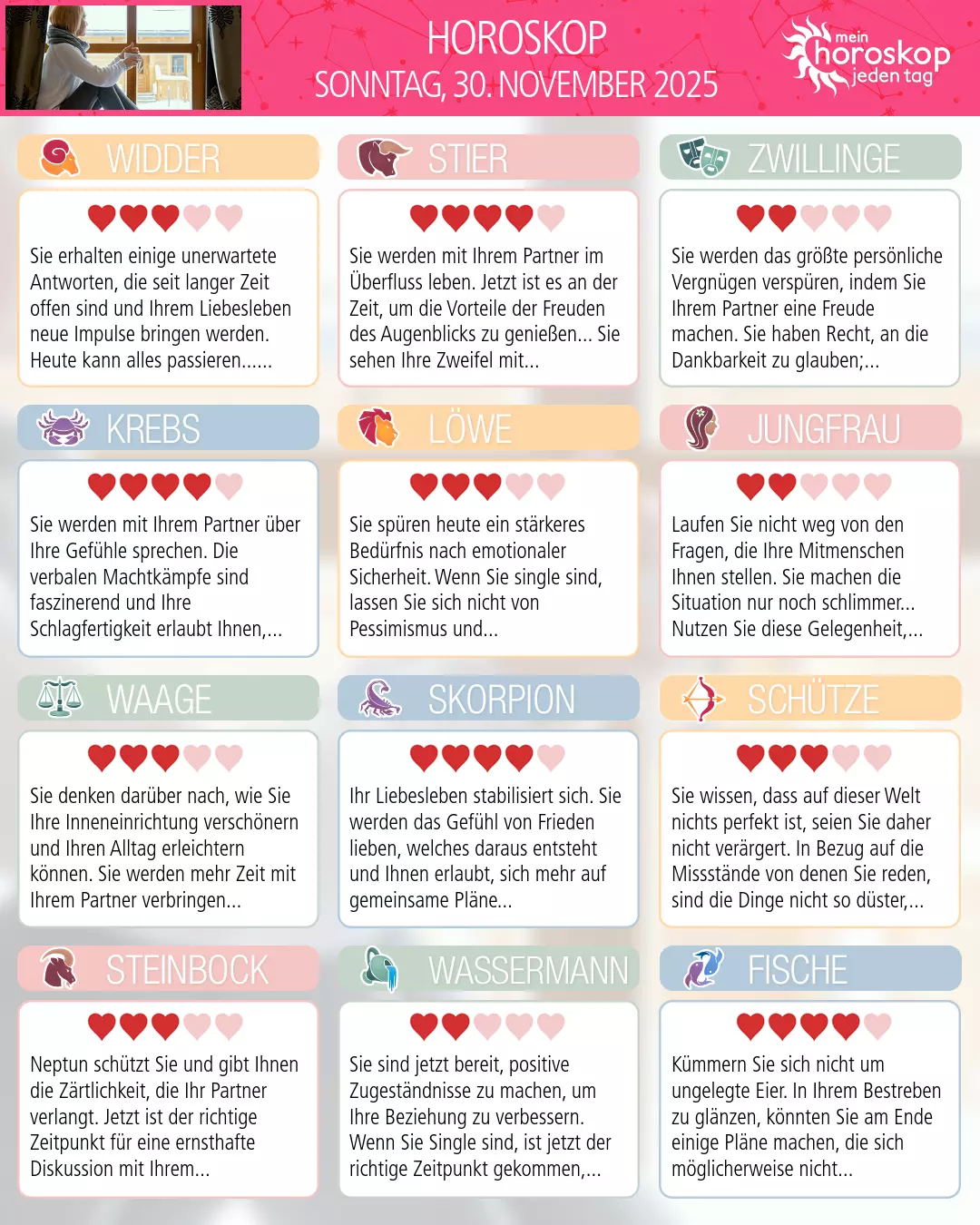 Horoskop vom sonntag, 30. november 2025