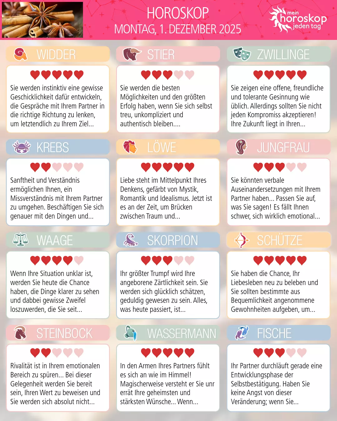 Horoskop vom montag, 1. dezember 2025
