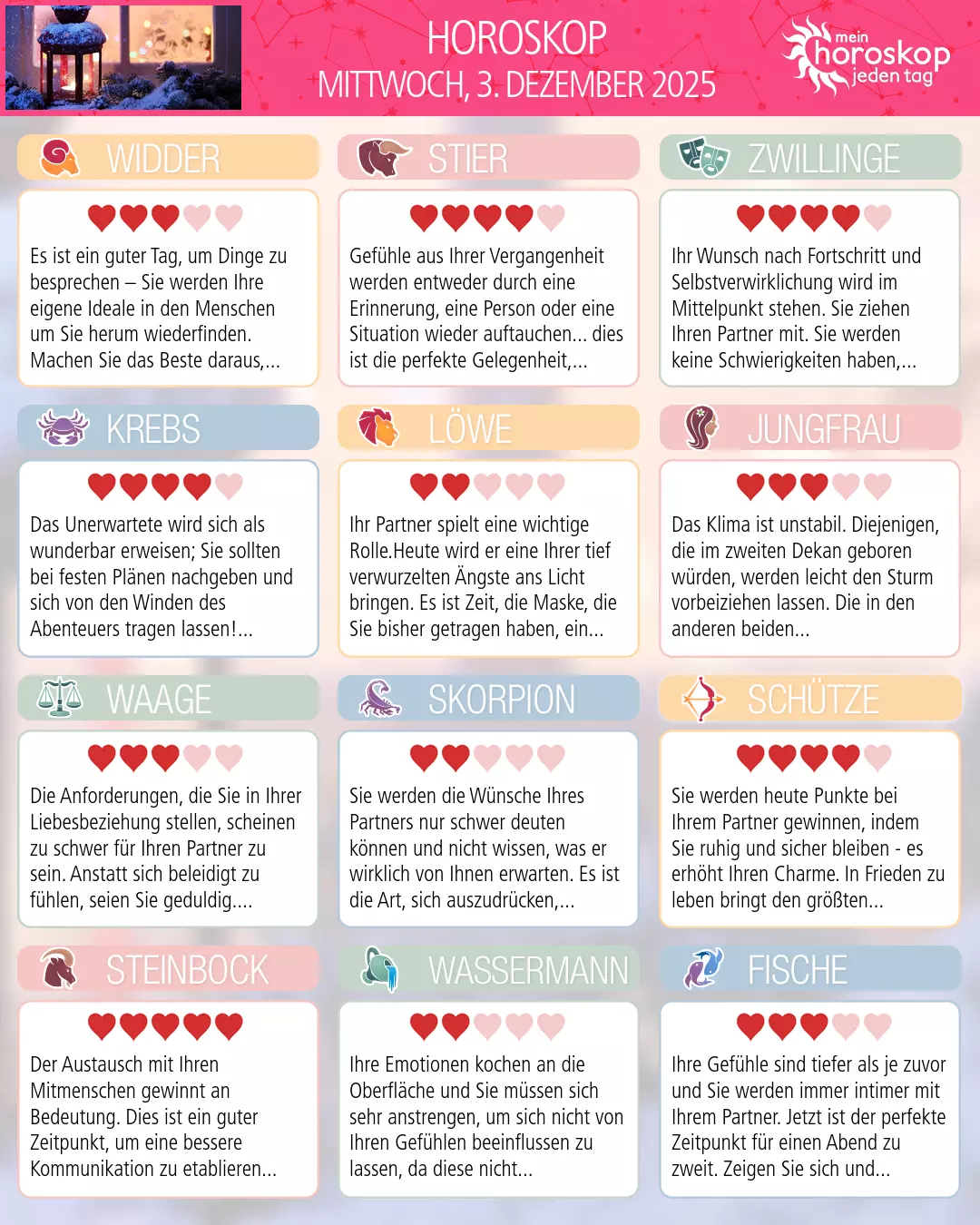 Horoskop vom mittwoch, 3. dezember 2025