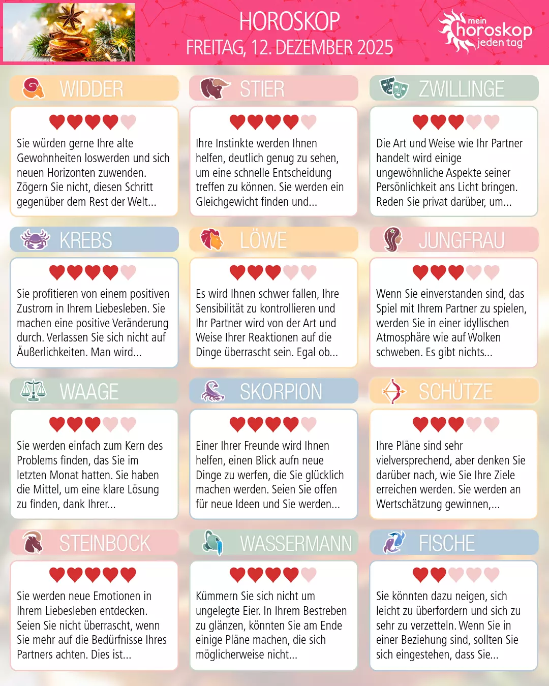 Horoskop vom freitag, 12. dezember 2025