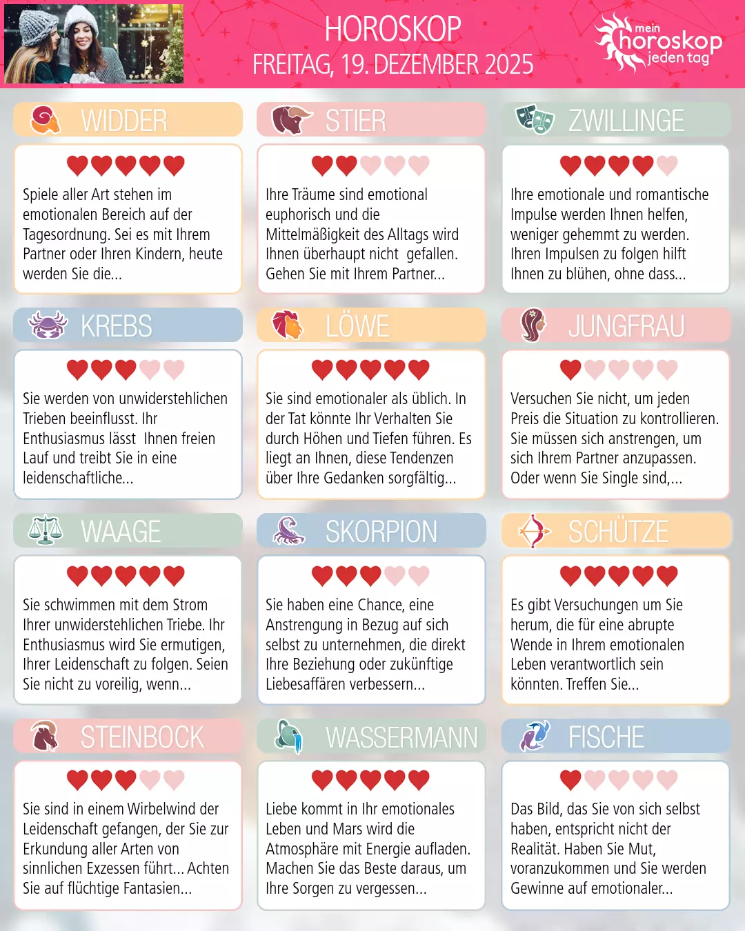 Horoskop vom freitag, 19. dezember 2025