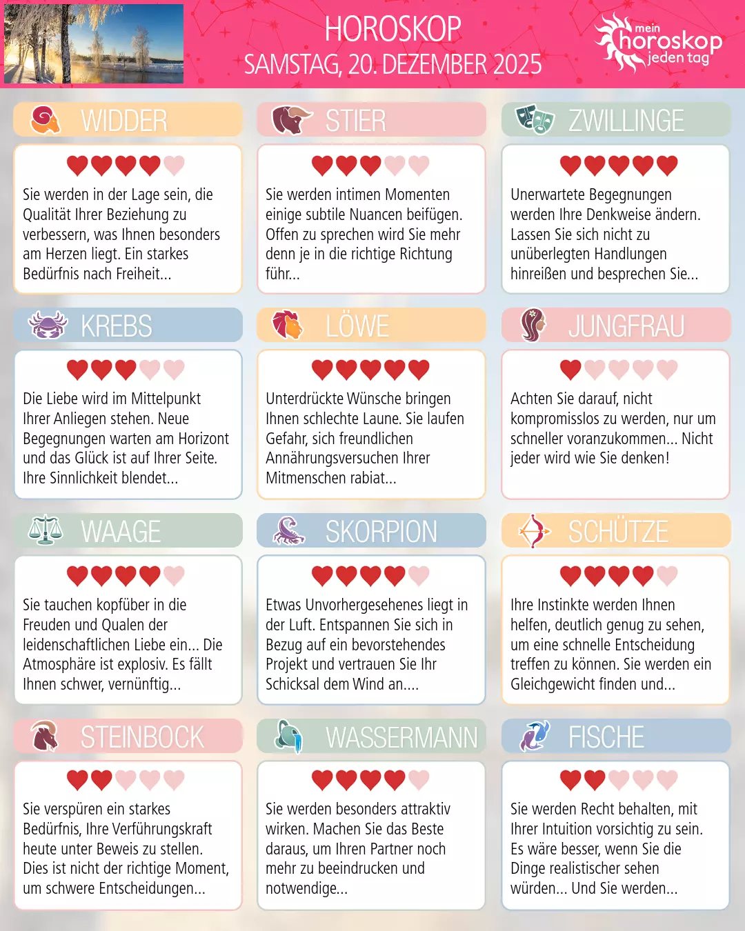 Horoskop vom samstag, 20. dezember 2025
