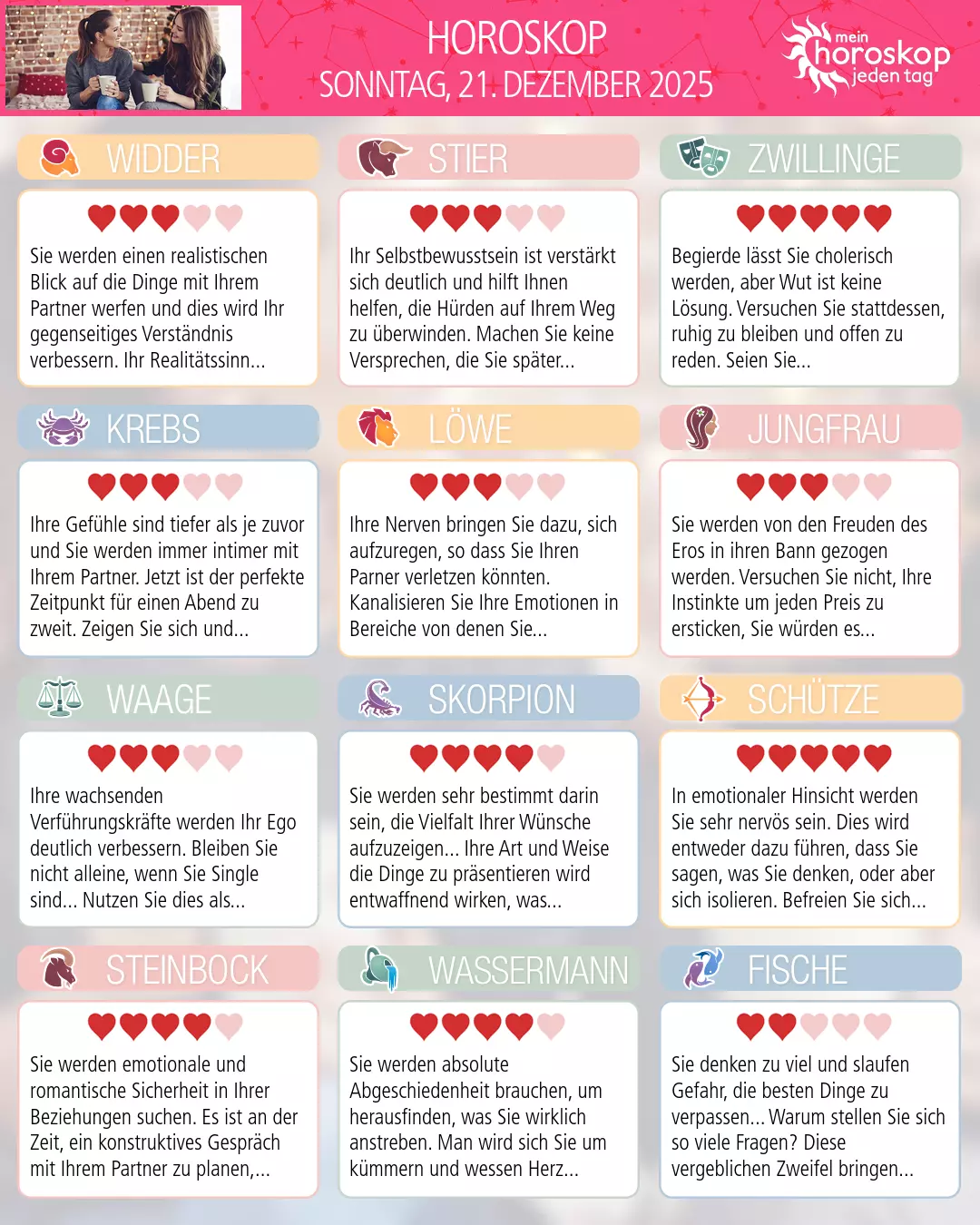 Horoskop vom sonntag, 21. dezember 2025