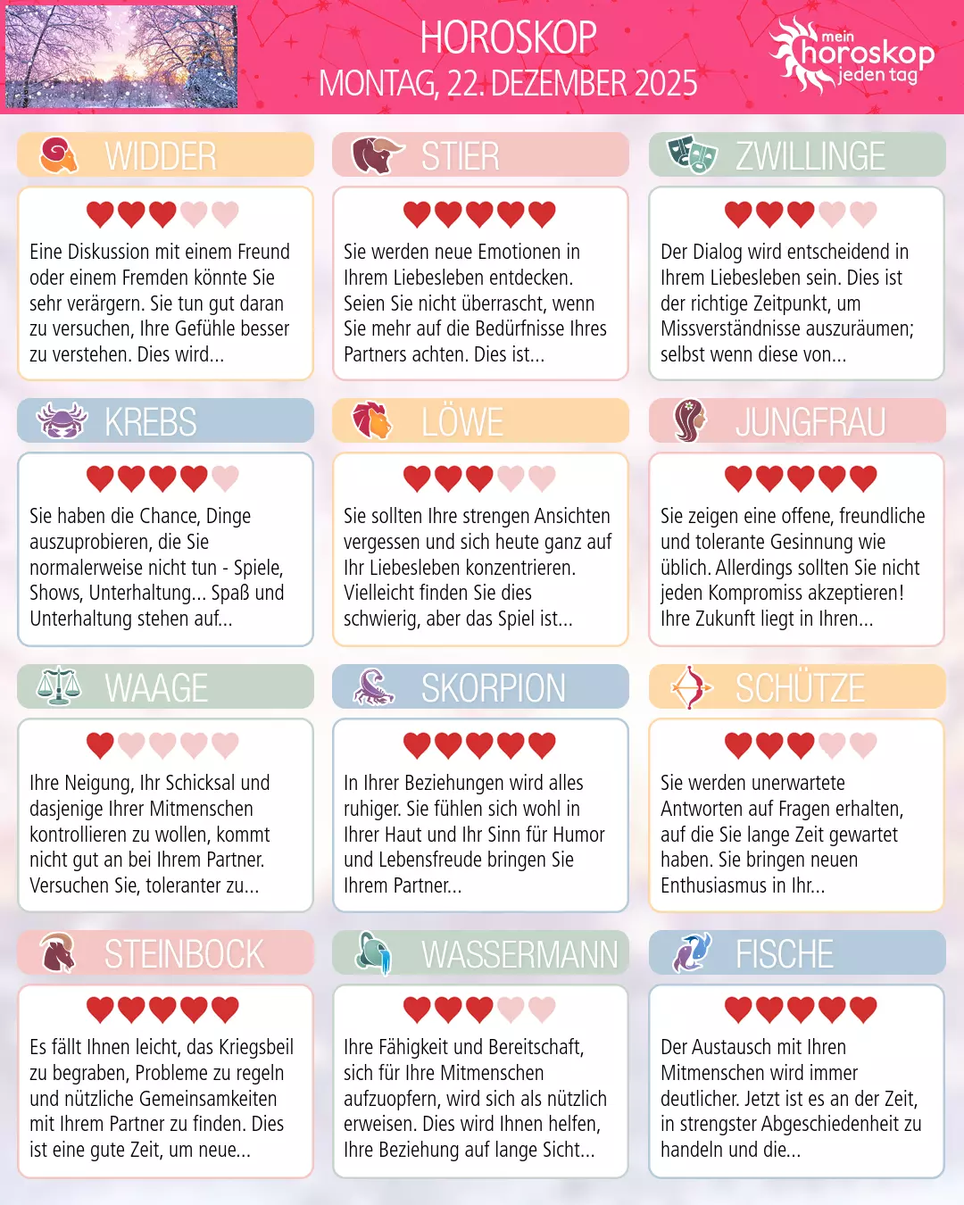 Horoskop vom montag, 22. dezember 2025