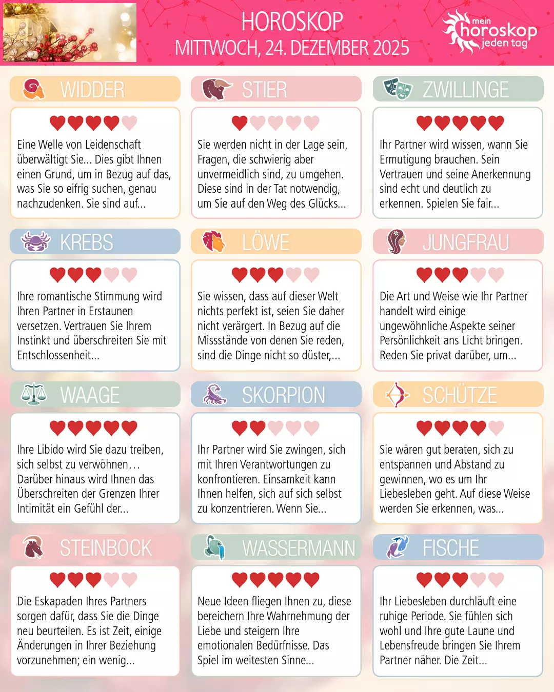 Horoskop vom mittwoch, 24. dezember 2025