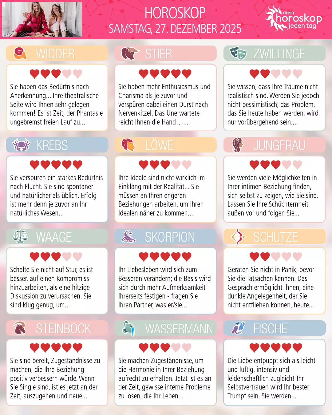 Horoskop vom samstag, 27. dezember 2025