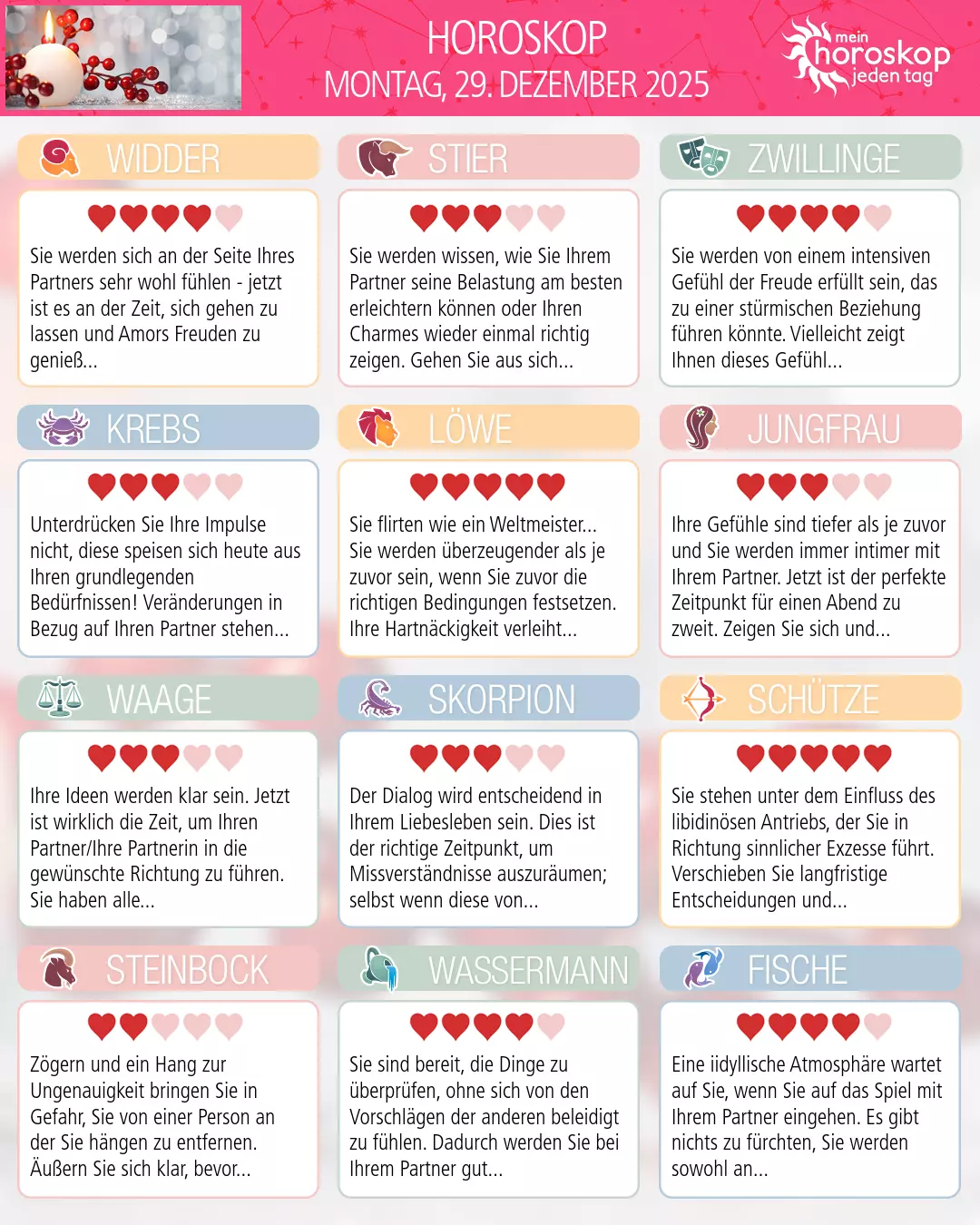 Horoskop vom montag, 29. dezember 2025