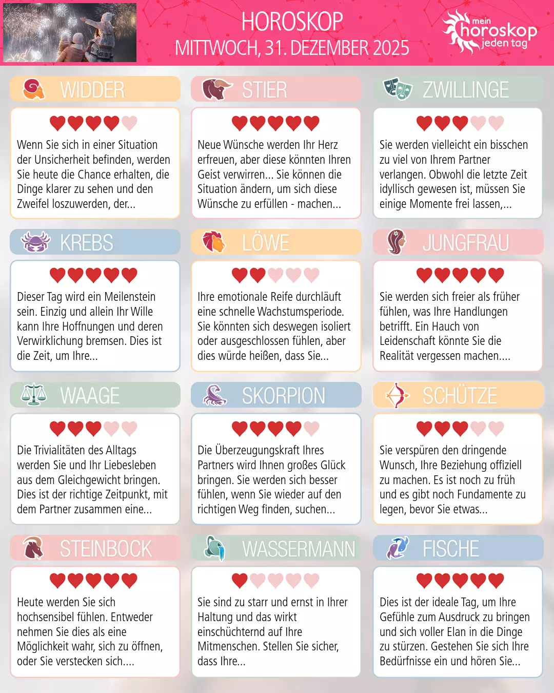 Horoskop vom mittwoch, 31. dezember 2025