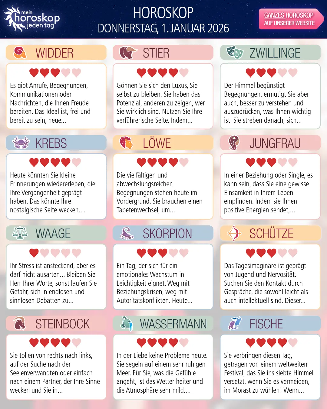 Horoskop vom donnerstag, 1. januar 2026