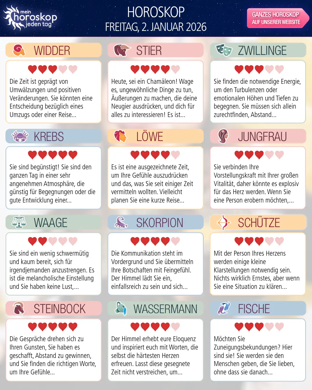 Horoskop vom freitag, 2. januar 2026