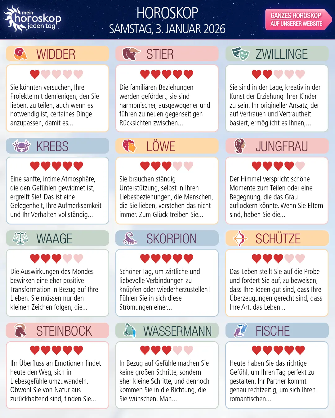 Horoskop vom samstag, 3. januar 2026
