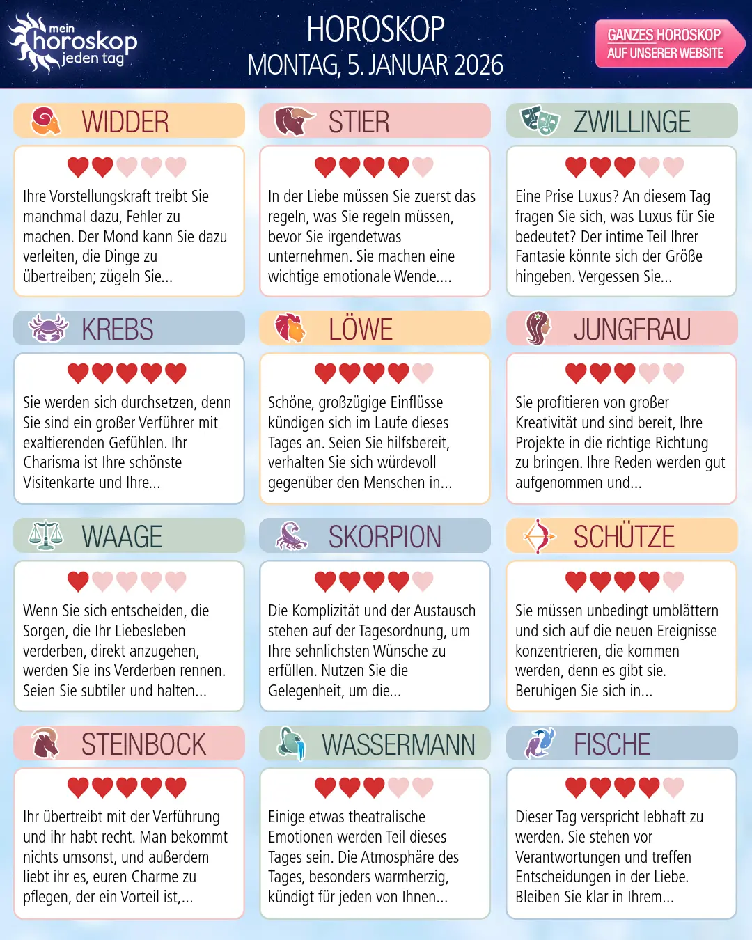 Horoskop vom montag, 5. januar 2026
