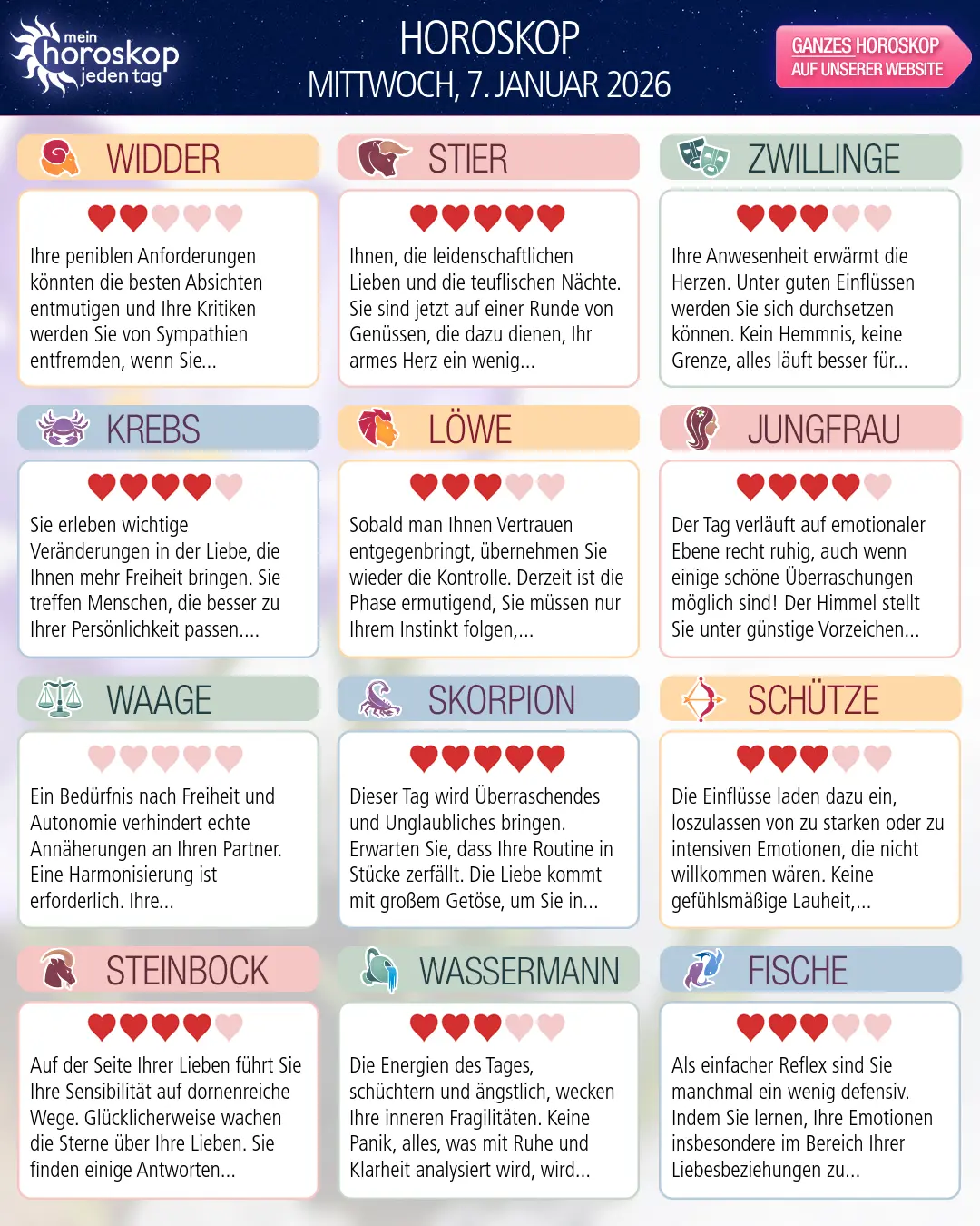 Horoskop vom mittwoch, 7. januar 2026