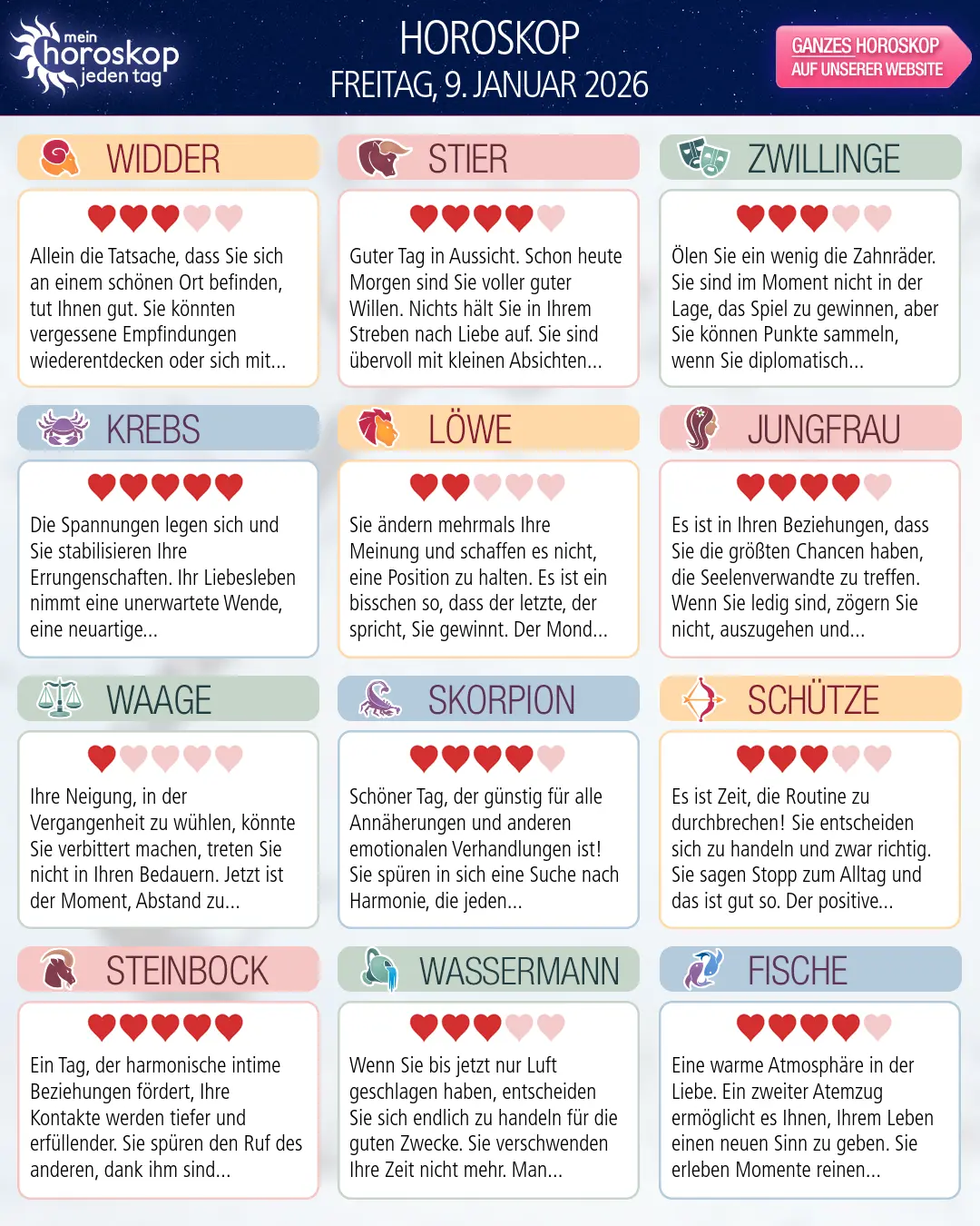 Horoskop vom freitag, 9. januar 2026