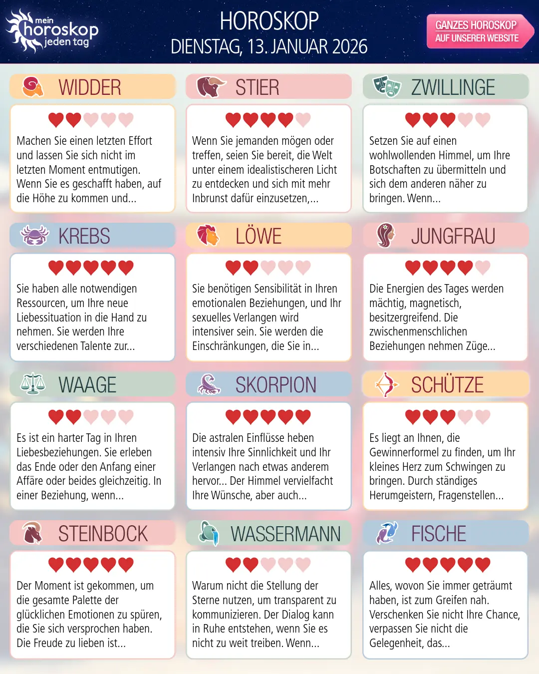 Horoskop vom dienstag, 13. januar 2026