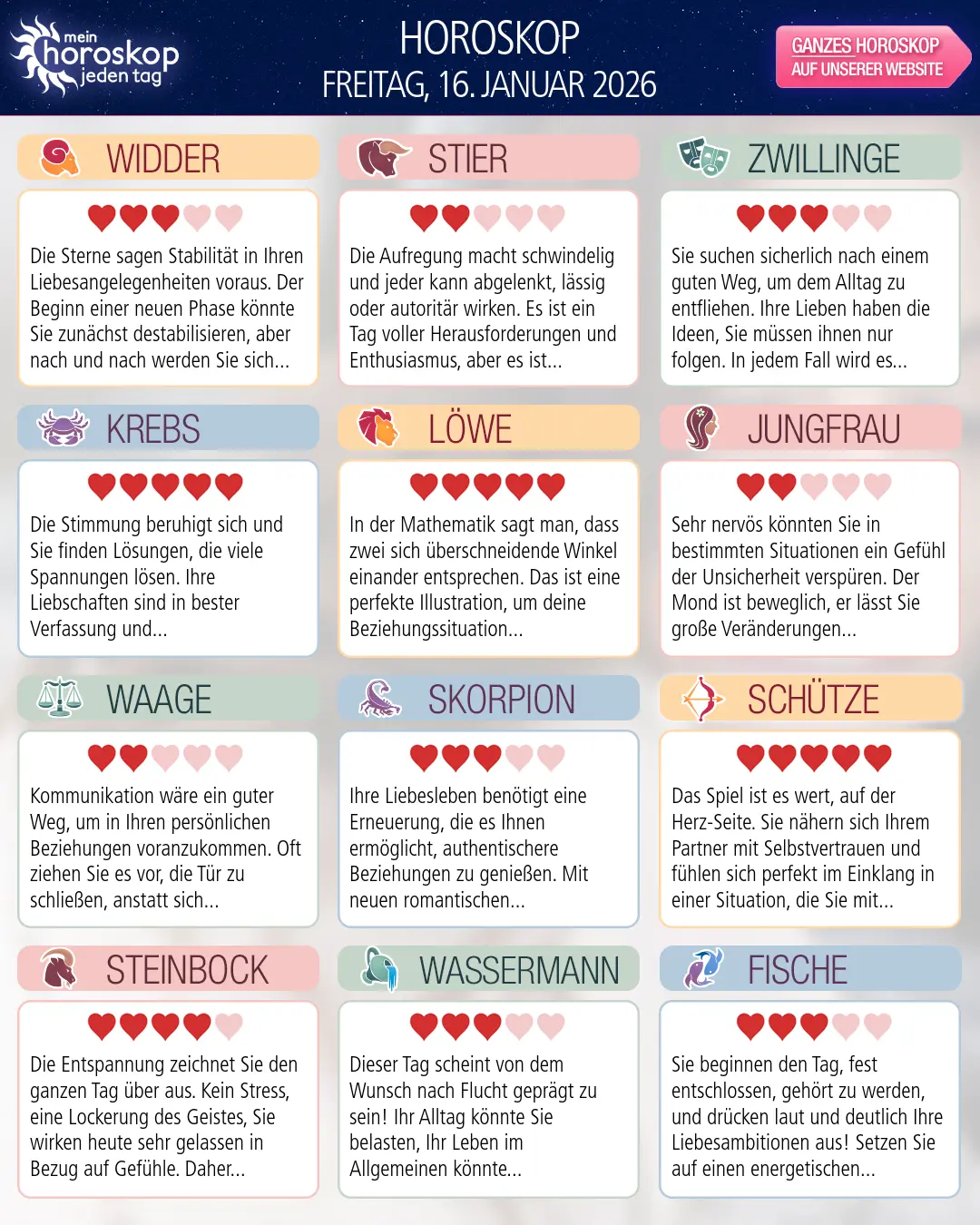 Horoskop vom freitag, 16. januar 2026