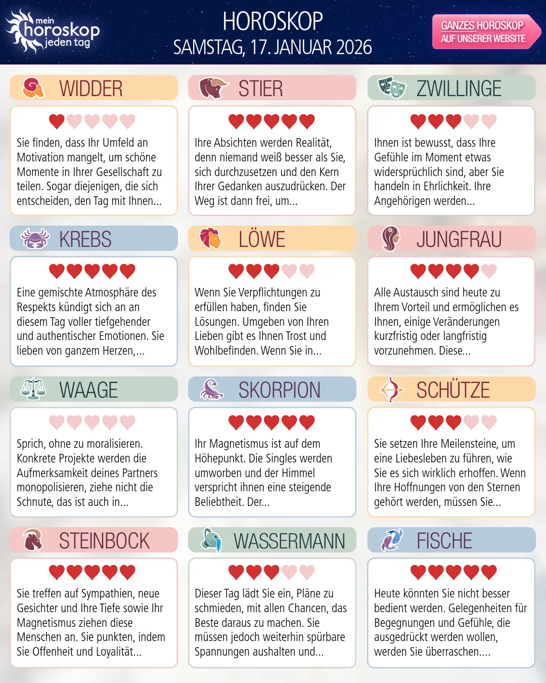 Horoskop vom samstag, 17. januar 2026