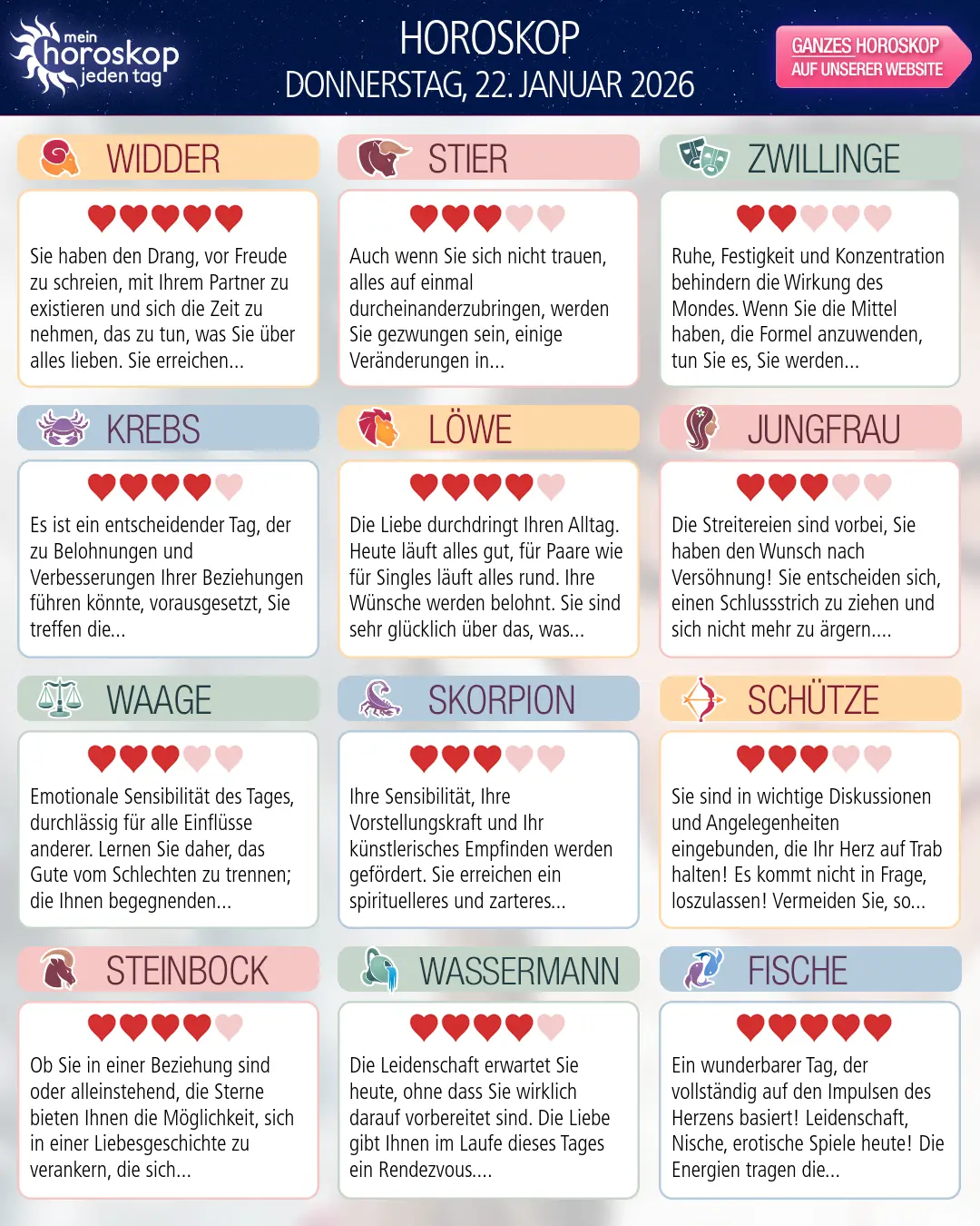 Horoskop vom donnerstag, 22. januar 2026