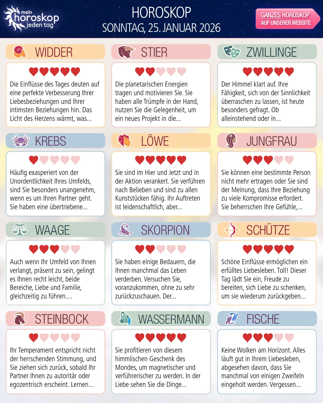 Horoskop vom sonntag, 25. januar 2026