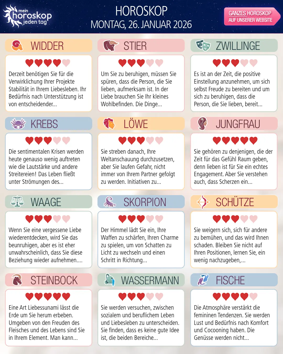 Horoskop vom montag, 26. januar 2026