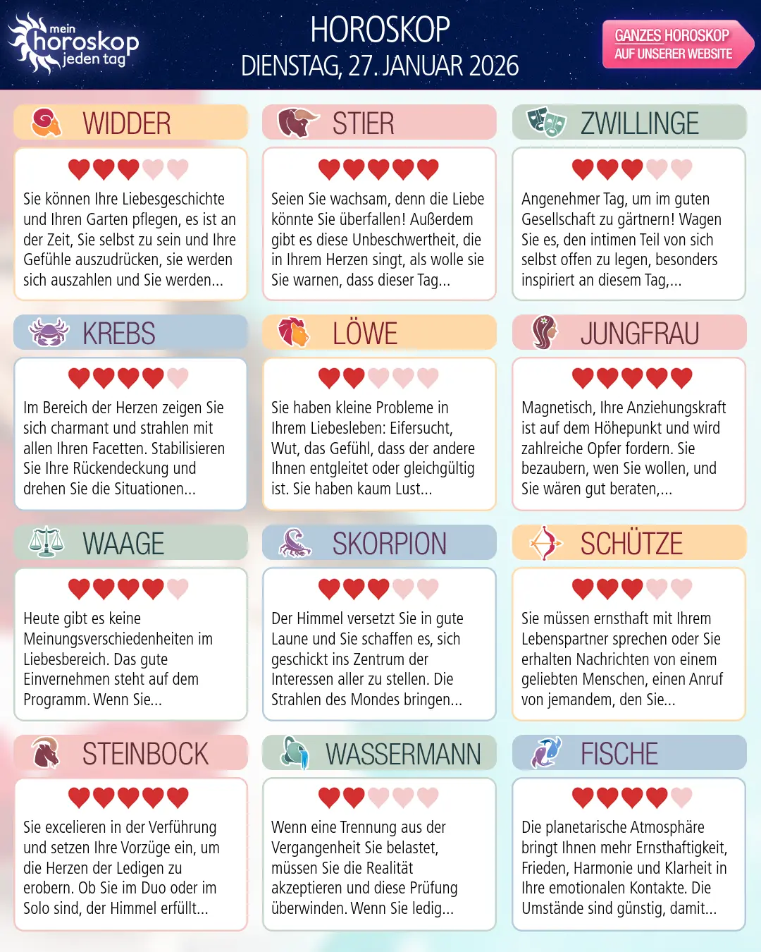 Horoskop vom dienstag, 27. januar 2026