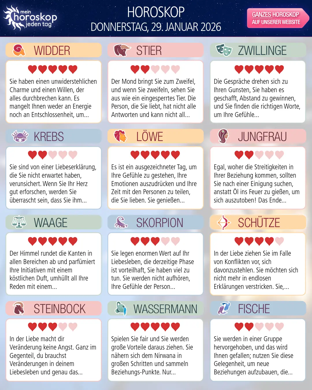 Horoskop vom donnerstag, 29. januar 2026