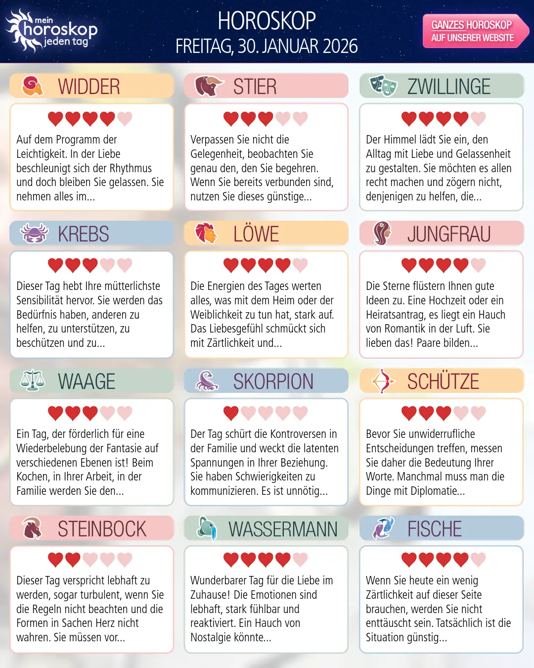 Horoskop vom freitag, 30. januar 2026