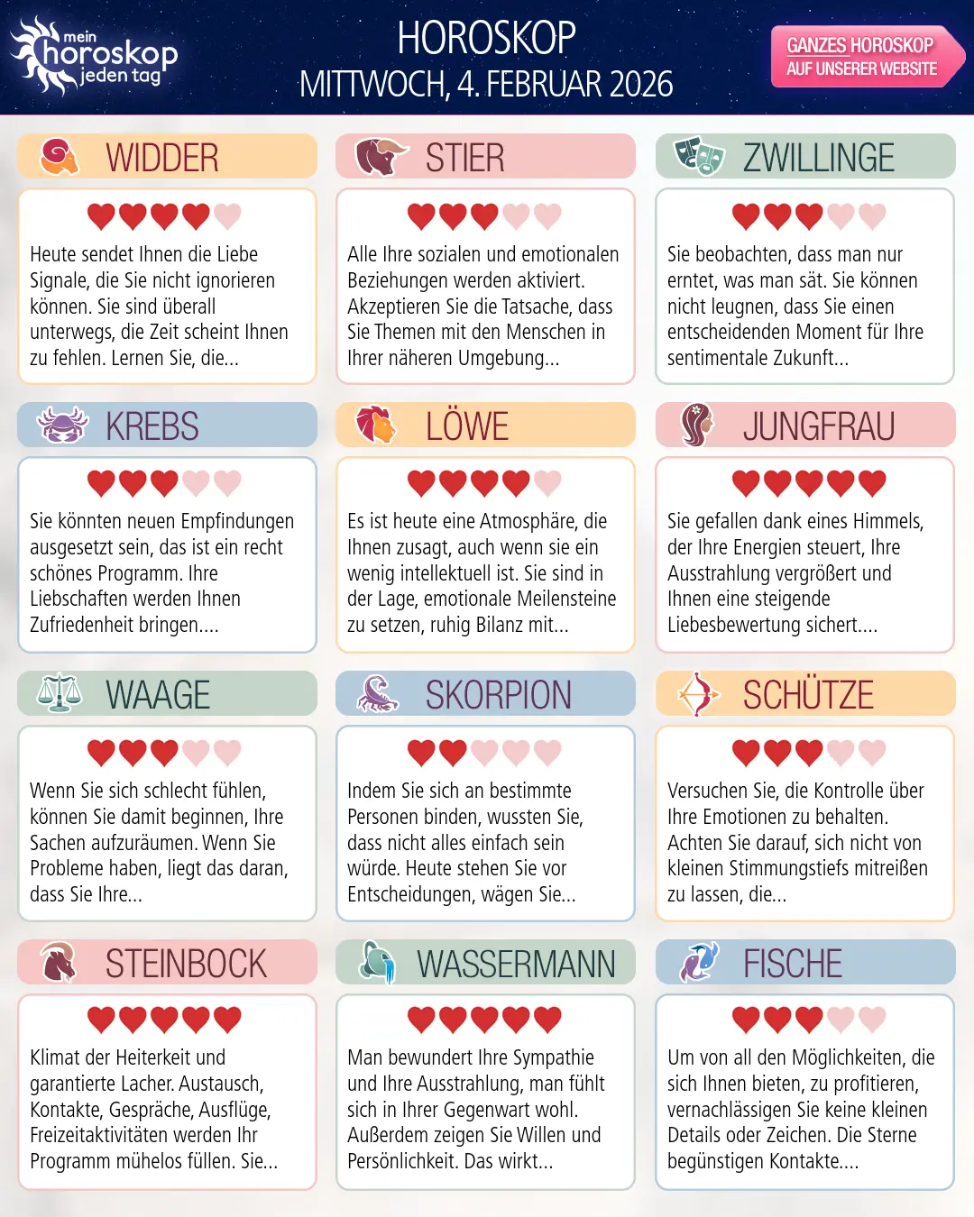 Horoskop vom mittwoch, 4. februar 2026