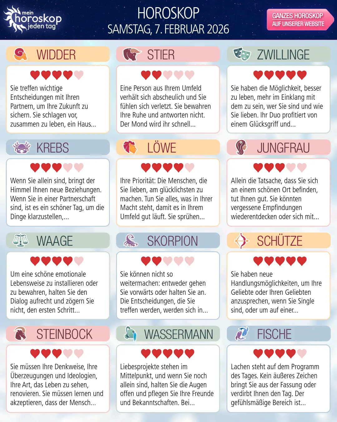 Horoskop vom samstag, 7. februar 2026