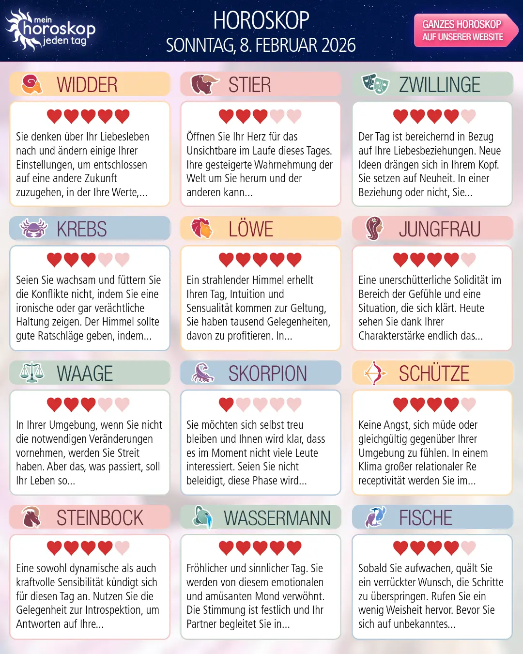 Horoskop vom sonntag, 8. februar 2026