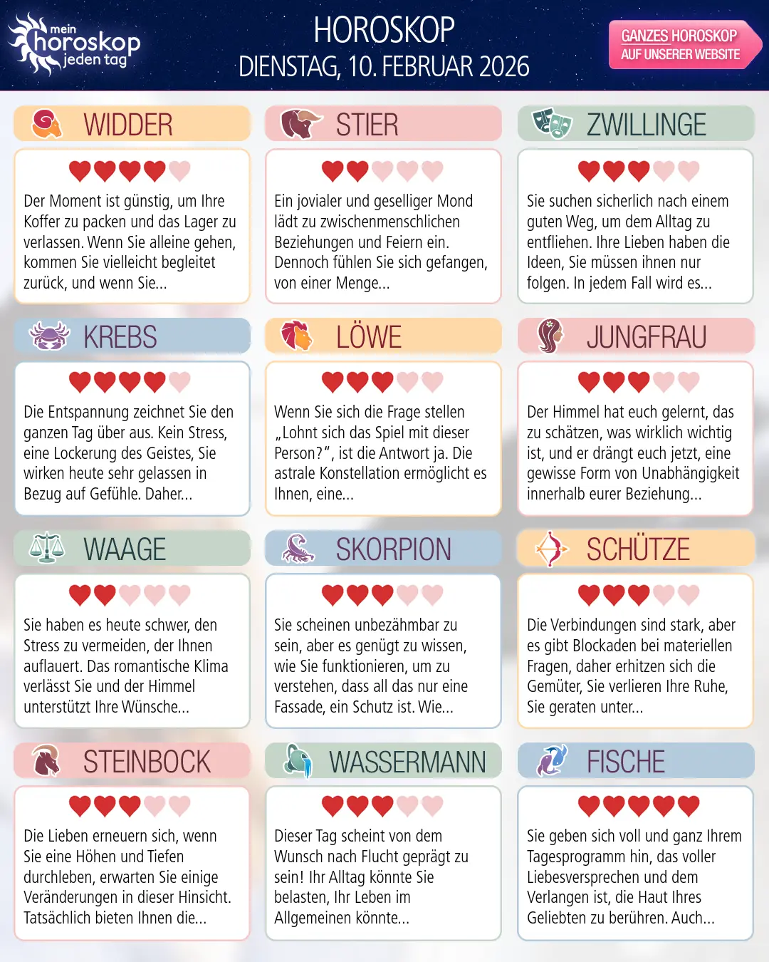 Horoskop vom dienstag, 10. februar 2026