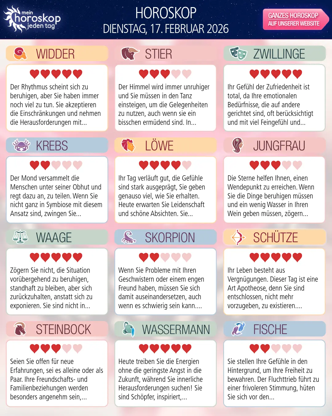 Horoskop vom dienstag, 17. februar 2026