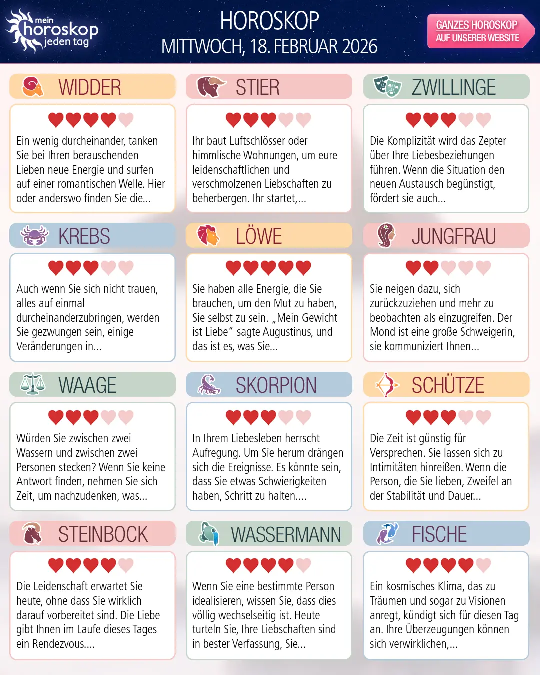 Horoskop vom mittwoch, 18. februar 2026