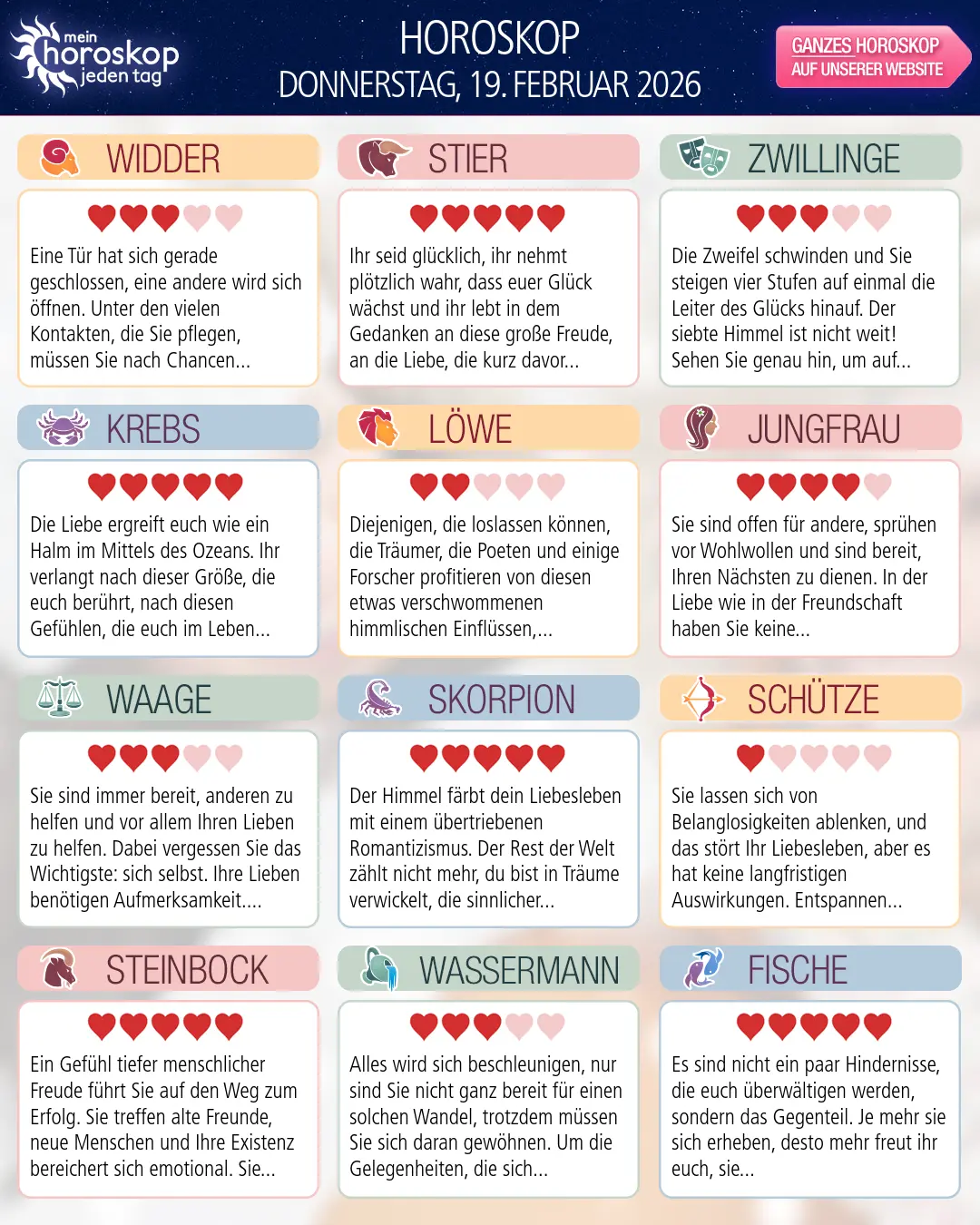 Horoskop vom donnerstag, 19. februar 2026