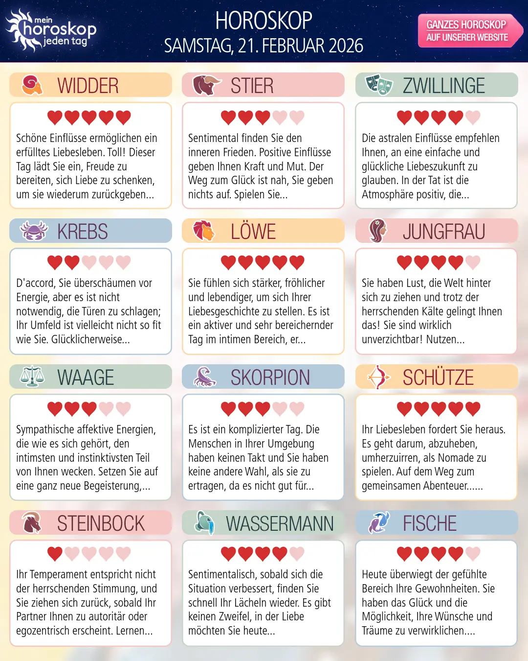 Horoskop vom samstag, 21. februar 2026