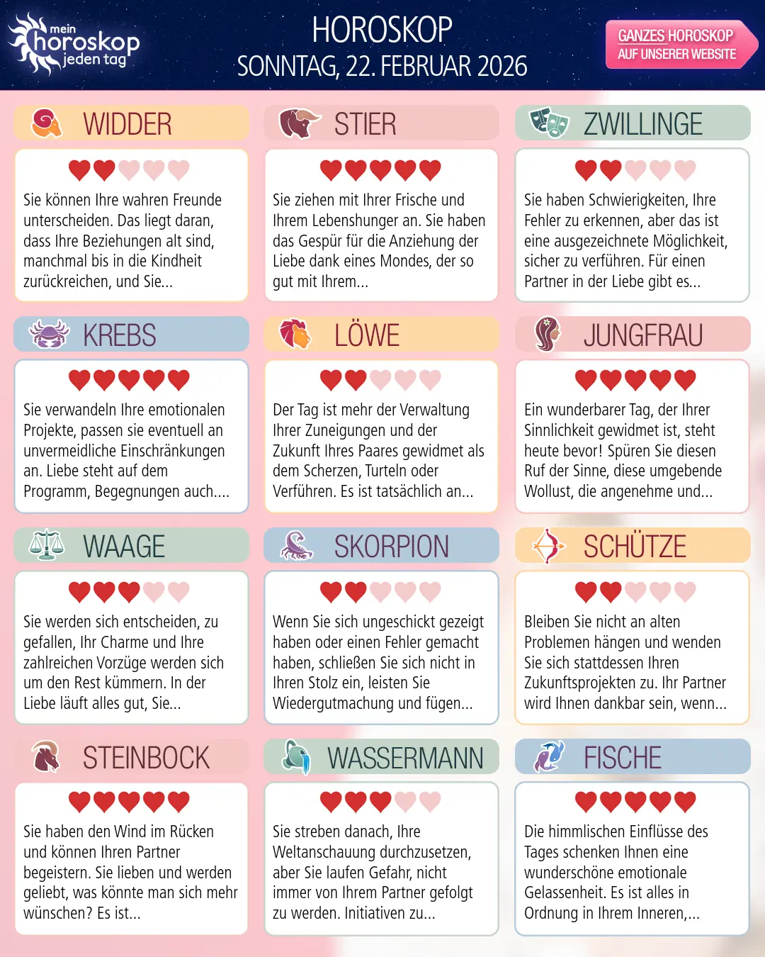 Horoskop vom sonntag, 22. februar 2026