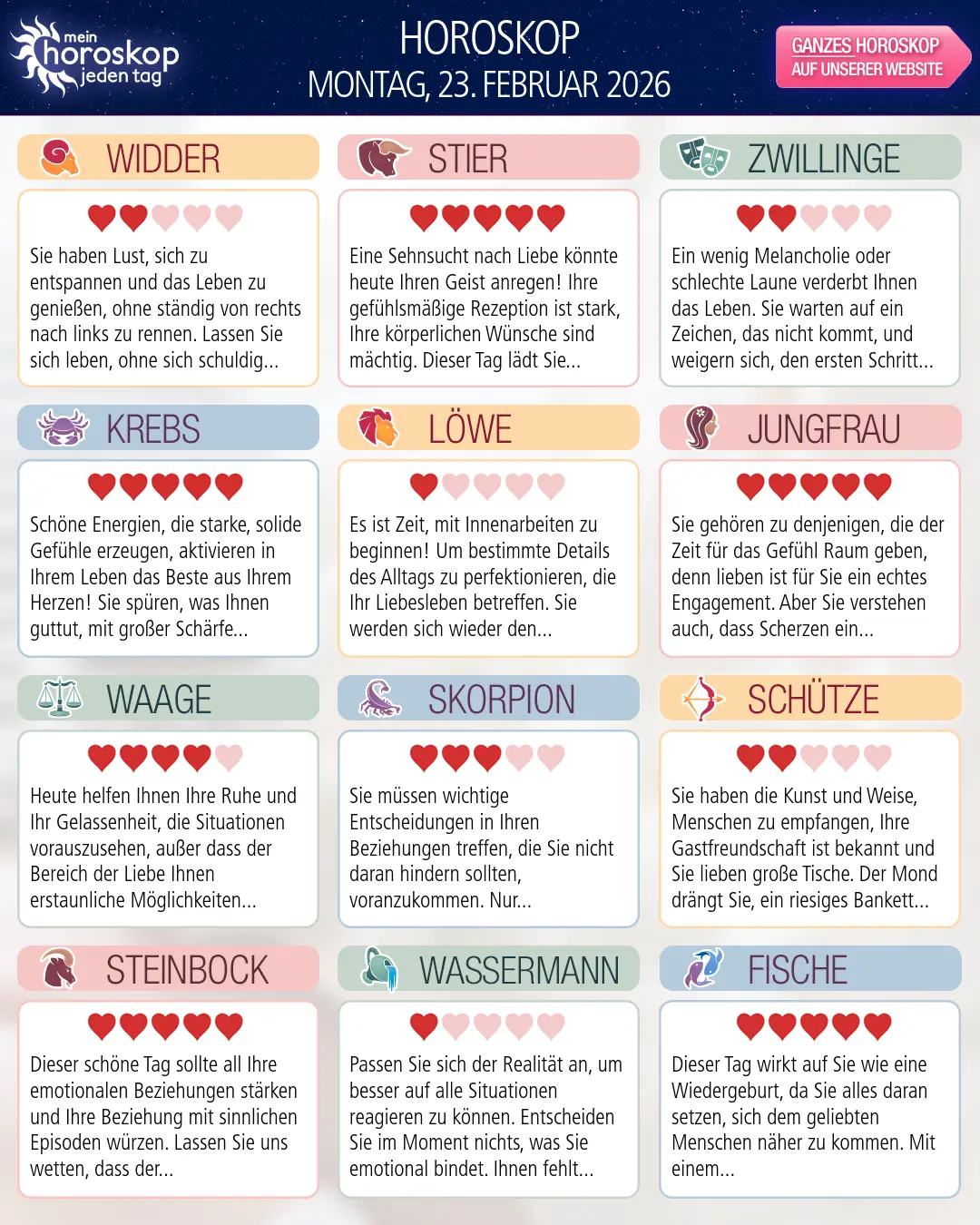 Horoskop vom montag, 23. februar 2026