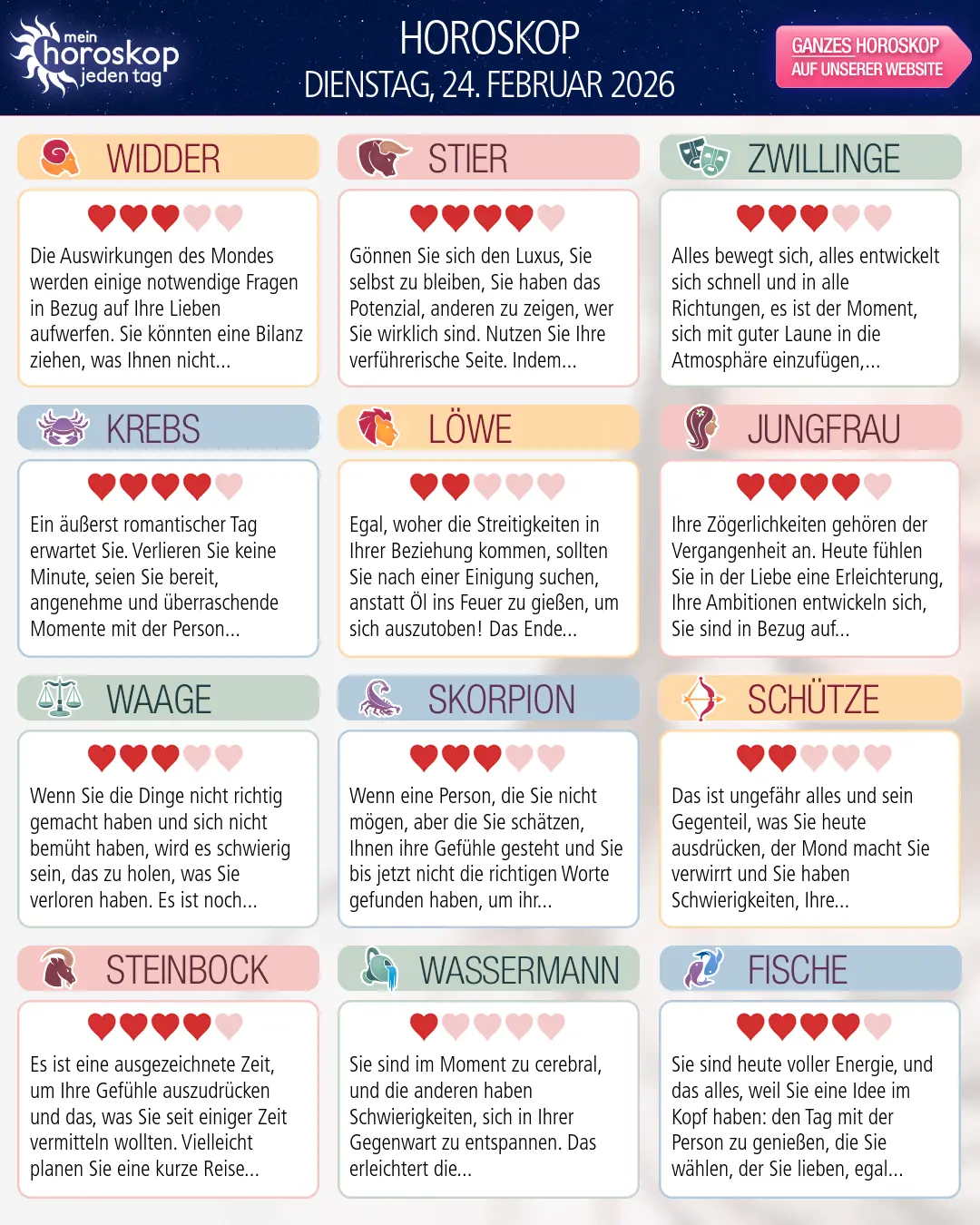 Horoskop vom dienstag, 24. februar 2026