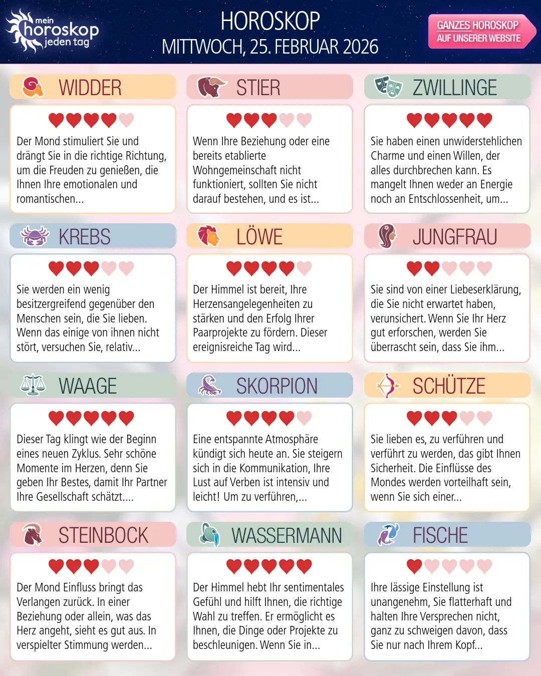 Horoskop vom mittwoch, 25. februar 2026