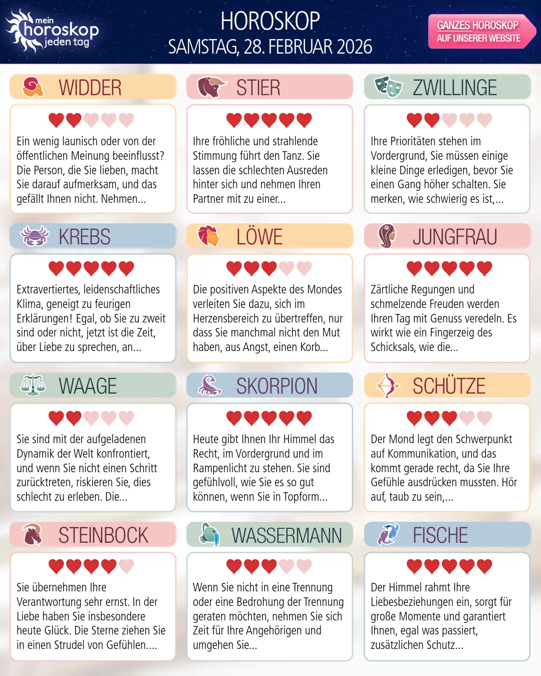 Horoskop vom samstag, 28. februar 2026