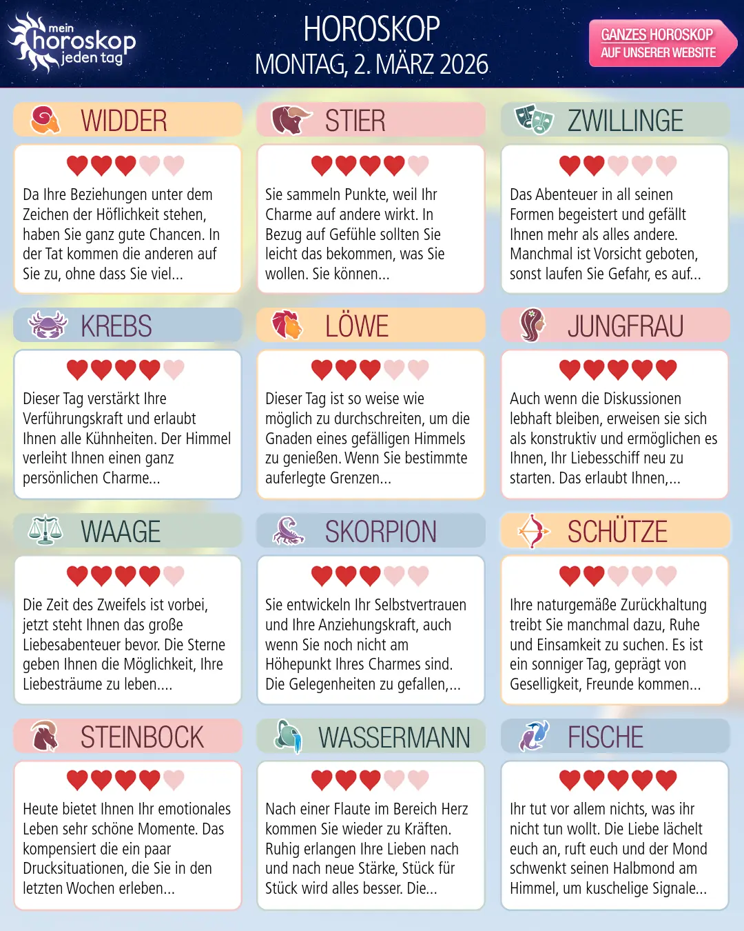 Horoskop vom montag, 2. märz 2026