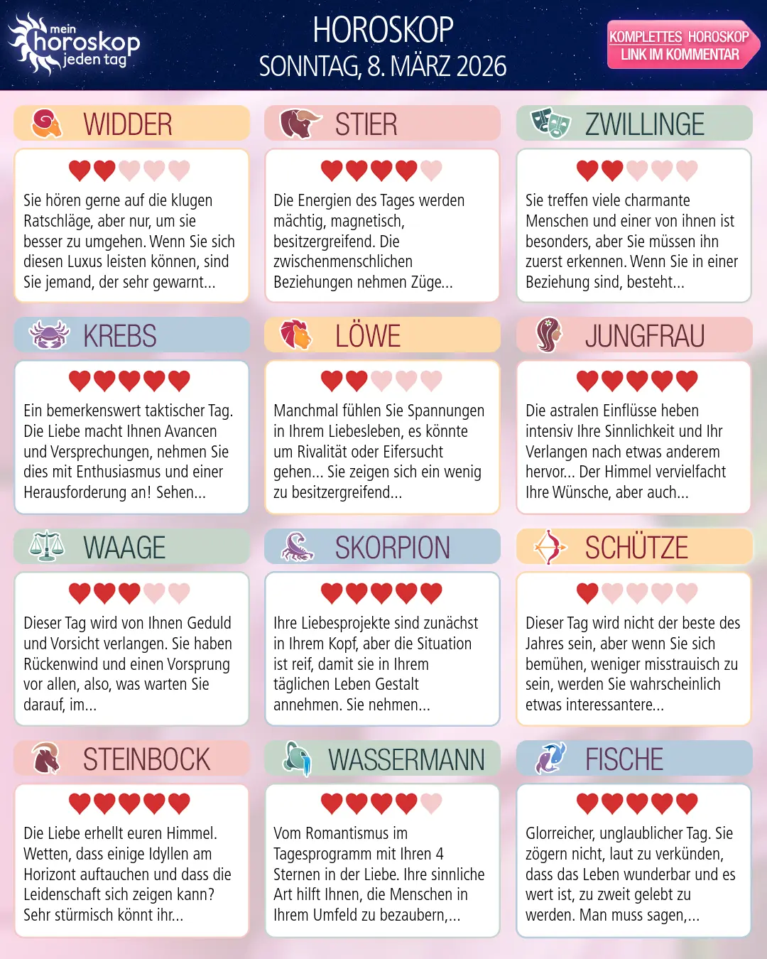 Horoskop vom sonntag, 8. märz 2026