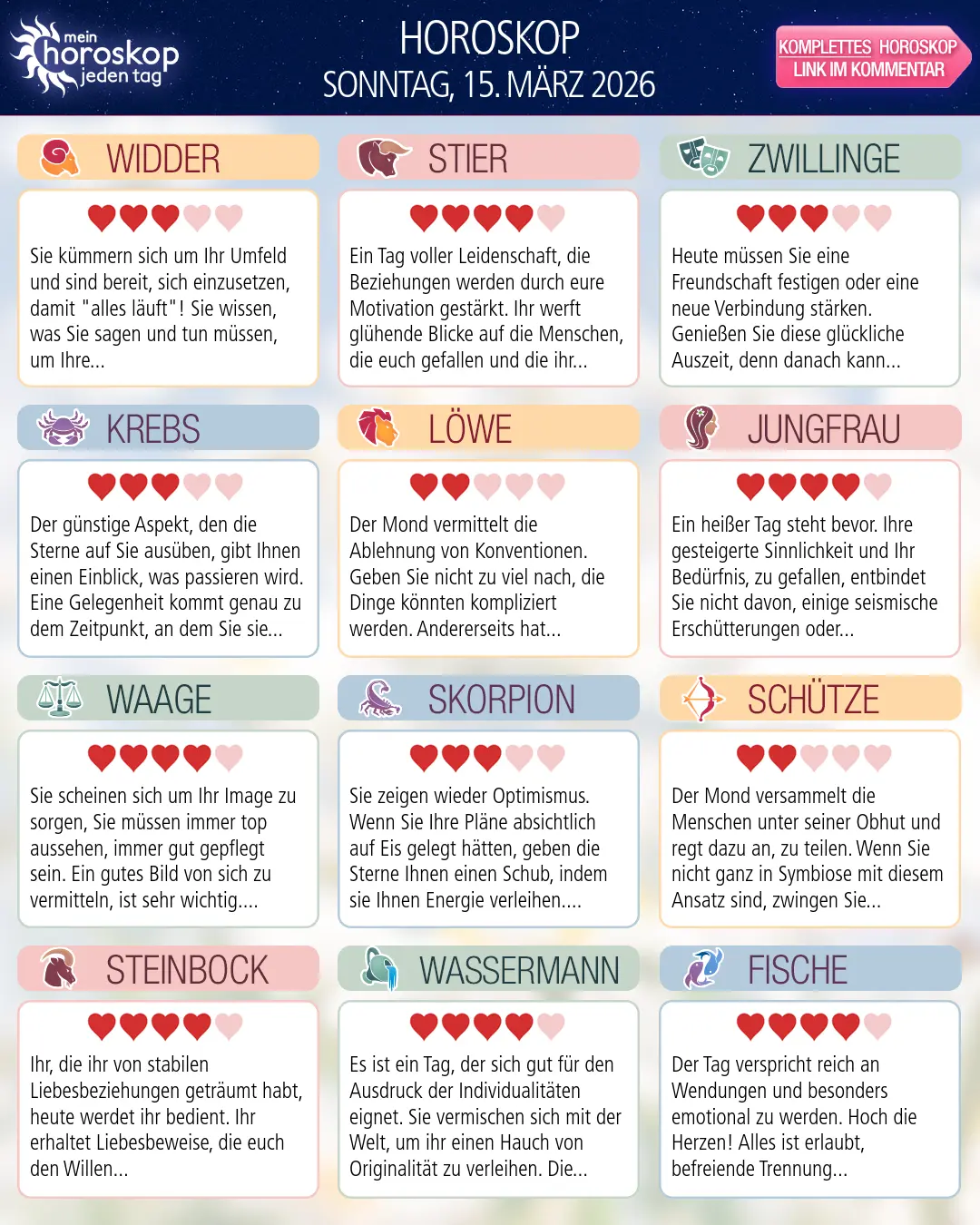 Horoskop vom sonntag, 15. märz 2026
