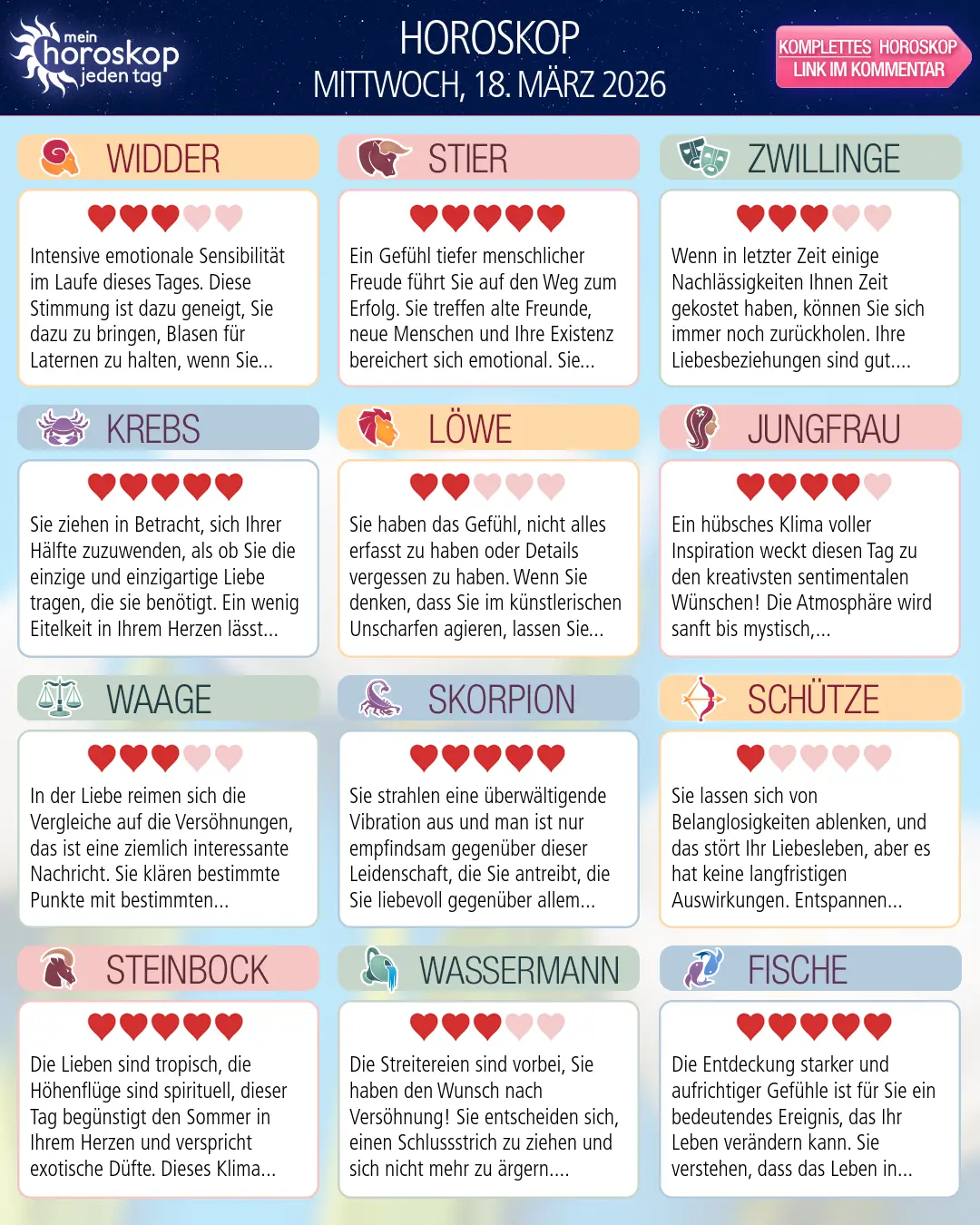 Horoskop vom mittwoch, 18. märz 2026
