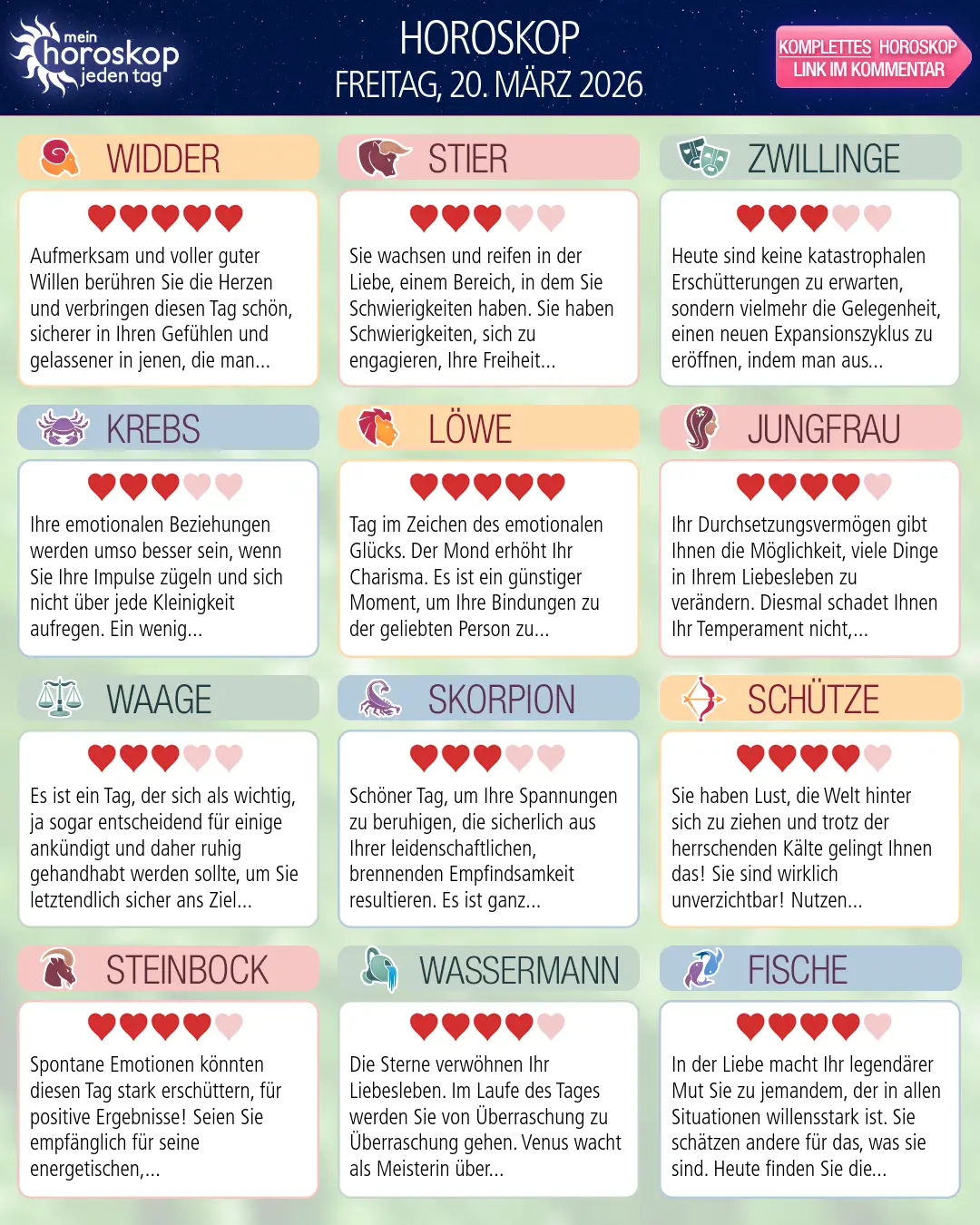 Horoskop vom freitag, 20. märz 2026