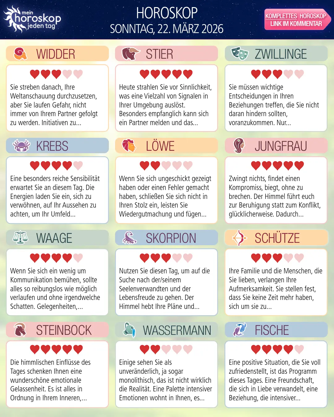 Horoskop vom sonntag, 22. märz 2026