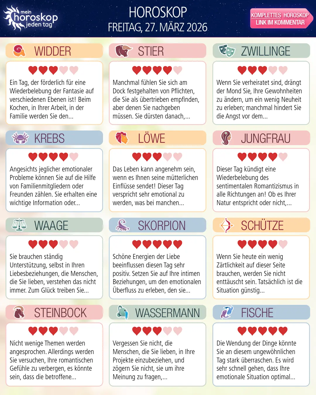 Horoskop vom freitag, 27. märz 2026